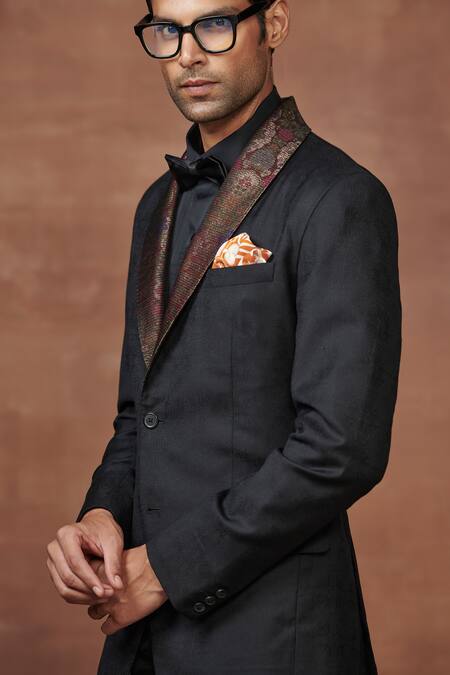 Buy_Raghavendra Rathore Jodhpur_Black Suede Contrast Lapel Collar Jacket _Online_at_Aza_Fashions