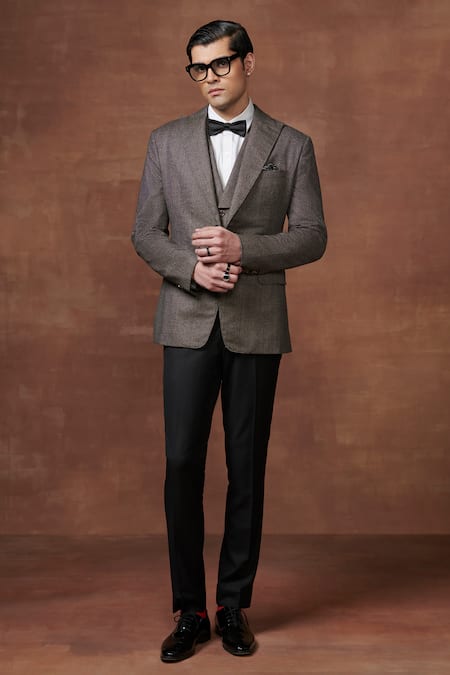 Shop_Raghavendra Rathore Jodhpur_Grey Wool Solid Textured Tuxedo Jacket _Online_at_Aza_Fashions
