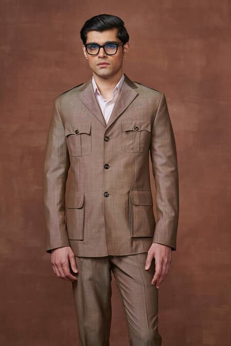 Raghavendra Rathore Jodhpur_Brown Wool Collared Tuxedo Jacket And Pant Set _Online_at_Aza_Fashions