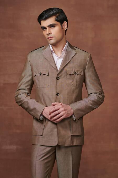 Buy_Raghavendra Rathore Jodhpur_Brown Wool Collared Tuxedo Jacket And Pant Set _Online_at_Aza_Fashions