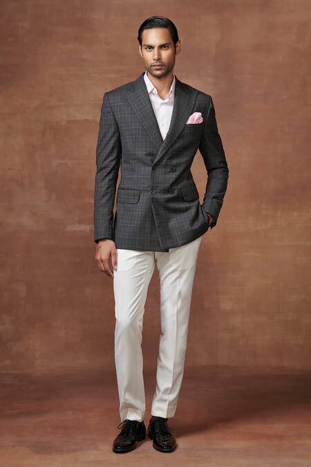 Buy_Raghavendra Rathore Jodhpur_Grey Wool Dignified Checkered Jacket _Online_at_Aza_Fashions