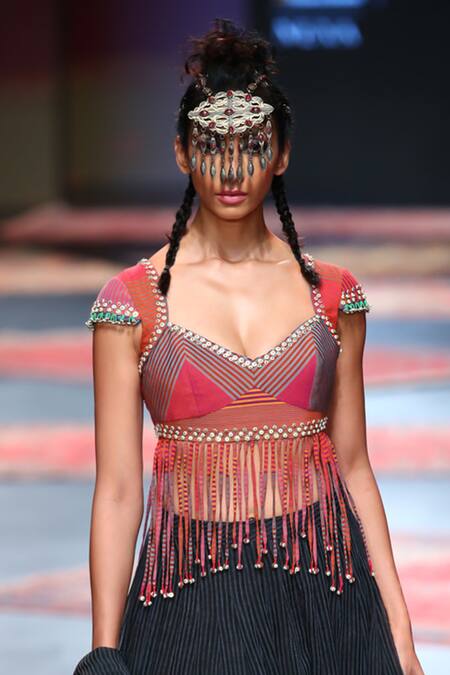 Swatti Kapoor_Multi Color , Handloom Sequins, Tassels Akila Striped Print Blouse _Online_at_Aza_Fashions