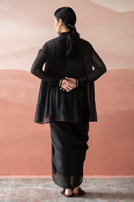 Shop Swatti Kapoor Black Handloom Cotton, Chanderi Sequins, Alila Pintucked Shirt With Slip at Aza Fashions Shop_Swatti Kapoor_Black Handloom Cotton, Chanderi Sequins, Alila Pintucked Shirt With Slip _at_Aza_Fashions
