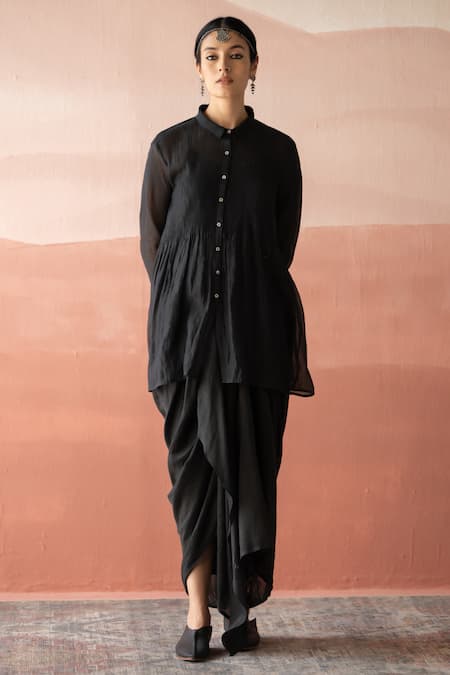 Swatti Kapoor Black Handloom Cotton, Chanderi Sequins, Alila Pintucked Shirt With Slip Online at Aza Fashions Swatti Kapoor_Black Handloom Cotton, Chanderi Sequins, Alila Pintucked Shirt With Slip _Online_at_Aza_Fashions