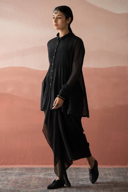 Buy Swatti Kapoor Black Handloom Cotton, Chanderi Sequins, Alila Pintucked Shirt With Slip Online at Aza Fashions Buy_Swatti Kapoor_Black Handloom Cotton, Chanderi Sequins, Alila Pintucked Shirt With Slip _Online_at_Aza_Fashions