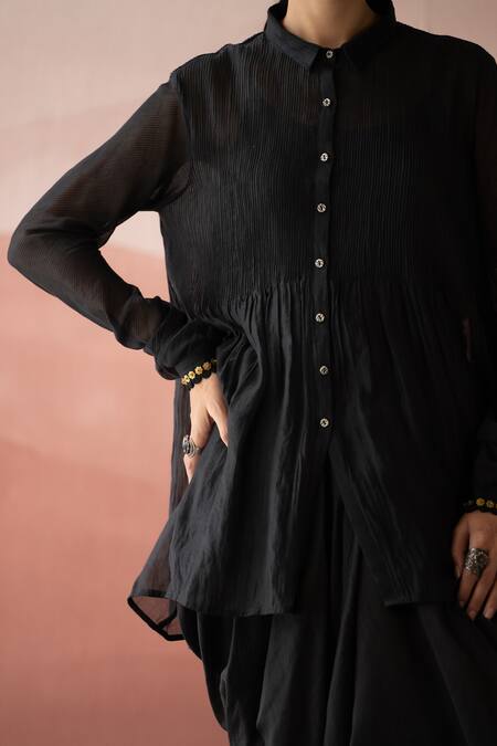 Shop Swatti Kapoor Black Handloom Cotton, Chanderi Sequins, Alila Pintucked Shirt With Slip Online at Aza Fashions Shop_Swatti Kapoor_Black Handloom Cotton, Chanderi Sequins, Alila Pintucked Shirt With Slip _Online_at_Aza_Fashions