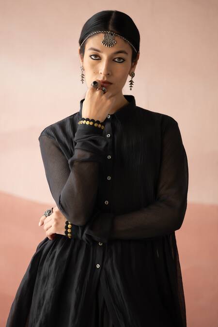 Swatti Kapoor Black Handloom Cotton, Chanderi Sequins, Alila Pintucked Shirt With Slip at Aza Fashions Swatti Kapoor_Black Handloom Cotton, Chanderi Sequins, Alila Pintucked Shirt With Slip _at_Aza_Fashions