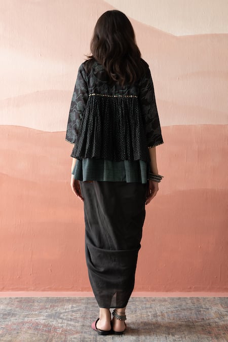 Swatti Kapoor Black Chanderi, Cotton Beads Round Neck Anippi Hand Block Print Kedia Top Online at Aza Fashions Swatti Kapoor_Black Chanderi, Cotton Beads Round Neck Anippi Hand Block Print Kedia Top _Online_at_Aza_Fashions