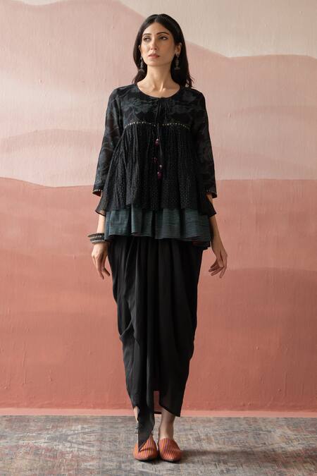 Buy Swatti Kapoor Black Chanderi, Cotton Beads Round Neck Anippi Hand Block Print Kedia Top Online at Aza Fashions Buy_Swatti Kapoor_Black Chanderi, Cotton Beads Round Neck Anippi Hand Block Print Kedia Top _Online_at_Aza_Fashions
