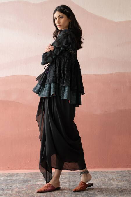 Shop Swatti Kapoor Black Chanderi, Cotton Beads Round Neck Anippi Hand Block Print Kedia Top Online at Aza Fashions Shop_Swatti Kapoor_Black Chanderi, Cotton Beads Round Neck Anippi Hand Block Print Kedia Top _Online_at_Aza_Fashions