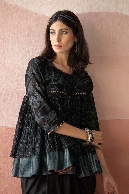Swatti Kapoor Black Chanderi, Cotton Beads Round Neck Anippi Hand Block Print Kedia Top at Aza Fashions Swatti Kapoor_Black Chanderi, Cotton Beads Round Neck Anippi Hand Block Print Kedia Top _at_Aza_Fashions