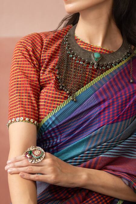 Swatti Kapoor Multi Color Woven Chanderi 60gm Block Printed Cairo Blouse at Aza Fashions Swatti Kapoor_Multi Color Woven Chanderi 60gm Block Printed Cairo Blouse _at_Aza_Fashions