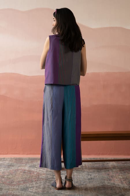 Swatti Kapoor_Multi Color Cotton, Silk Dalila Striped Print Vest Coat _Online_at_Aza_Fashions