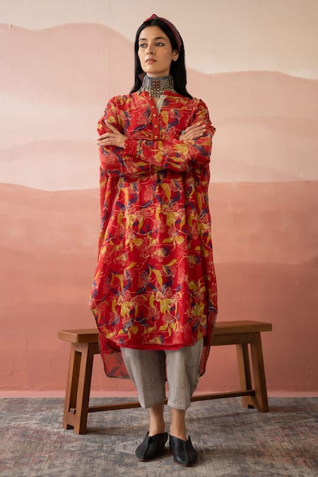 Buy Swatti Kapoor Red Cotton, Chanderi Embroidery, Sequins Dilek Hand Block Print Kurta With Slip Online at Aza Fashions Buy_Swatti Kapoor_Red Cotton, Chanderi Embroidery, Sequins Dilek Hand Block Print Kurta With Slip _Online_at_Aza_Fashions
