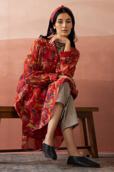 Buy Swatti Kapoor Red Cotton, Chanderi Embroidery, Sequins Dilek Hand Block Print Kurta With Slip Buy_Swatti Kapoor_Red Cotton, Chanderi Embroidery, Sequins Dilek Hand Block Print Kurta With Slip