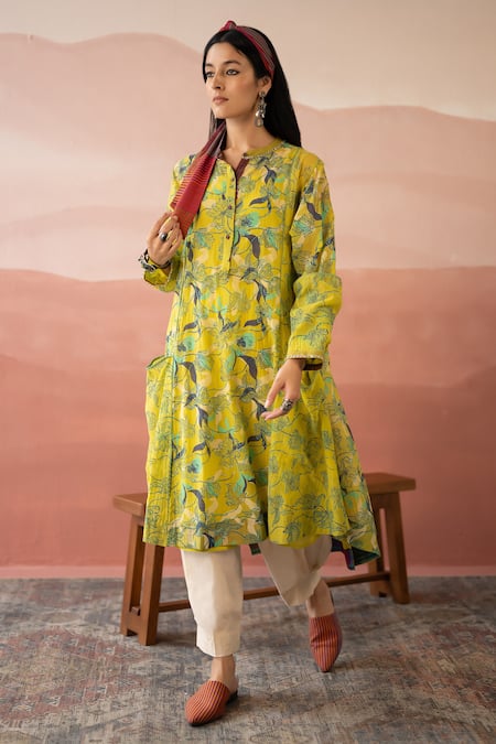 Buy Swatti Kapoor Yellow Woven 40gm Chanderi Block Faiz Kurta With Slip Online at Aza Fashions Buy_Swatti Kapoor_Yellow Woven 40gm Chanderi Block Faiz Kurta With Slip _Online_at_Aza_Fashions