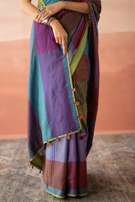 Swatti Kapoor Multi Color , Handloom Tassels Giza Striped Print Saree at Aza Fashions Swatti Kapoor_Multi Color , Handloom Tassels Giza Striped Print Saree _at_Aza_Fashions