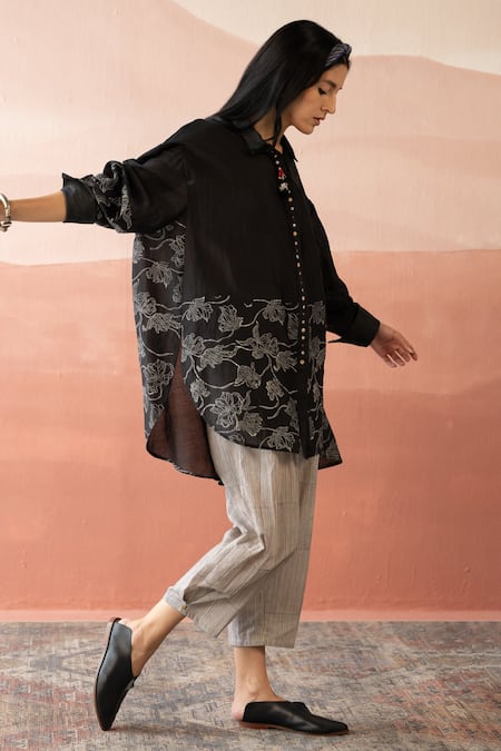 Buy Swatti Kapoor Black Chanderi Beads, Embroidery Collared Gysi Floral Print Shirt Online at Aza Fashions Buy_Swatti Kapoor_Black Chanderi Beads, Embroidery Collared Gysi Floral Print Shirt _Online_at_Aza_Fashions