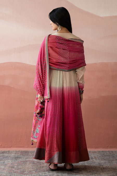 Shop_Swatti Kapoor_White Chanderi, Cotton Beads, Embroidery V-neck Laila Ombre Printed Anarkali _at_Aza_Fashions