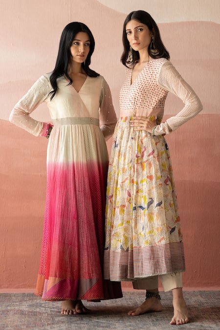 Swatti Kapoor_White Chanderi, Cotton Beads, Embroidery V-neck Laila Ombre Printed Anarkali _Online_at_Aza_Fashions