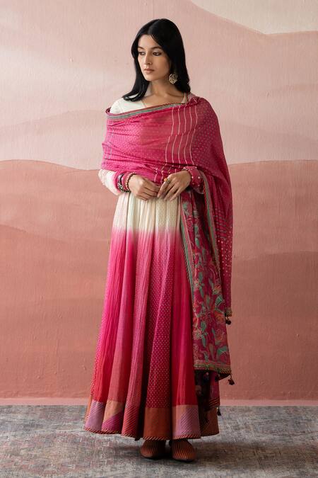 Buy_Swatti Kapoor_White Chanderi, Cotton Beads, Embroidery V-neck Laila Ombre Printed Anarkali _Online_at_Aza_Fashions