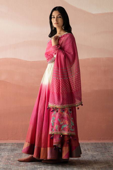 Shop_Swatti Kapoor_White Chanderi, Cotton Beads, Embroidery V-neck Laila Ombre Printed Anarkali _Online_at_Aza_Fashions