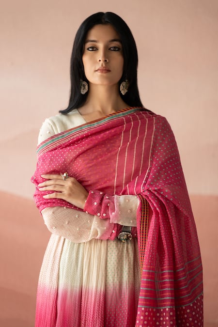 Swatti Kapoor_White Chanderi, Cotton Beads, Embroidery V-neck Laila Ombre Printed Anarkali _at_Aza_Fashions