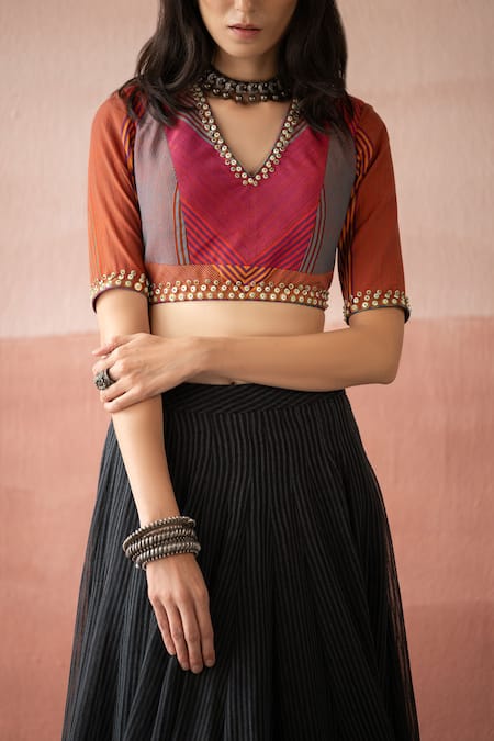 Swatti Kapoor Multi Color Handwoven Yarn Dyed Silk Stripe V Neck Luxor Blouse Online at Aza Fashions Swatti Kapoor_Multi Color Handwoven Yarn Dyed Silk Stripe V Neck Luxor Blouse _Online_at_Aza_Fashions