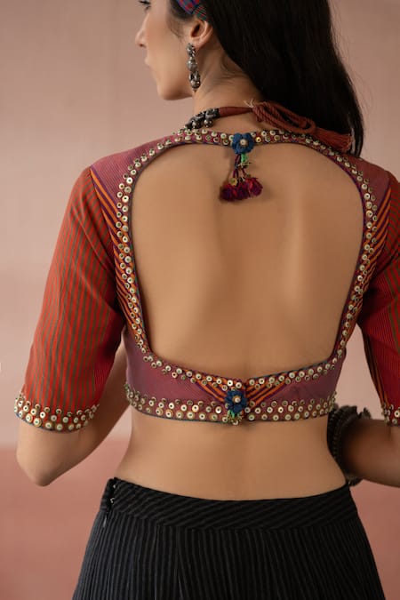 Buy Swatti Kapoor Multi Color Handwoven Yarn Dyed Silk Stripe V Neck Luxor Blouse Online at Aza Fashions Buy_Swatti Kapoor_Multi Color Handwoven Yarn Dyed Silk Stripe V Neck Luxor Blouse _Online_at_Aza_Fashions