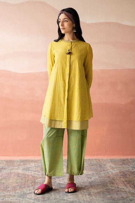 Buy_Swatti Kapoor_Yellow Handloom Cotton, Chanderi Beads Bandeau Neck Majeed Polka Dot Print Tunic _Online_at_Aza_Fashions