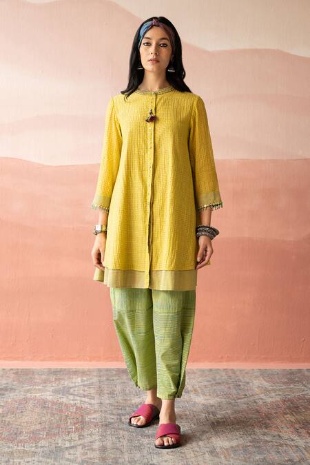 Shop_Swatti Kapoor_Yellow Handloom Cotton, Chanderi Beads Bandeau Neck Majeed Polka Dot Print Tunic _Online_at_Aza_Fashions