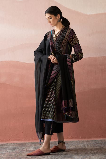 Shop_Swatti Kapoor_Black Chanderi Beads, Tassels Moke Stripe Border Woven Dupatta _Online_at_Aza_Fashions