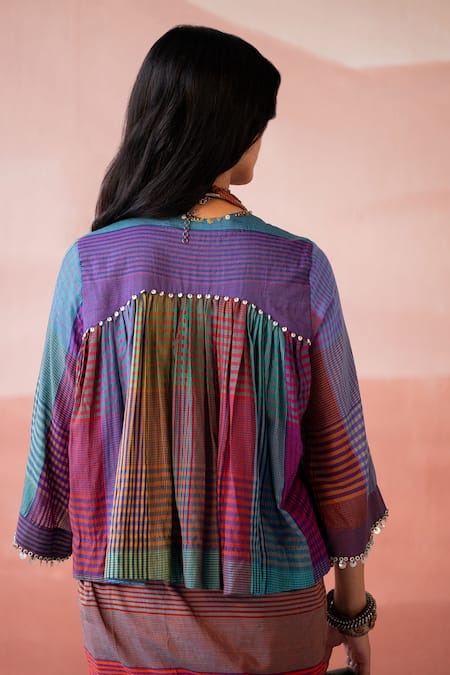 Swatti Kapoor_Multi Color , Handloom Beads Round Neck Ryan Checkered Woven Top _Online_at_Aza_Fashions