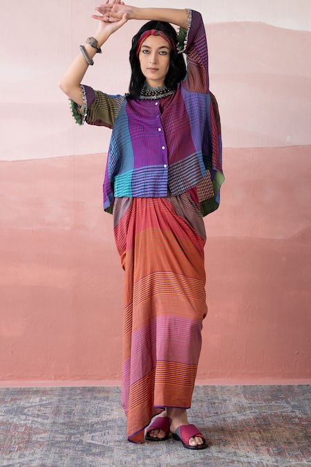 Buy_Swatti Kapoor_Multi Color , Handloom Beads Round Neck Ryan Checkered Woven Top _Online_at_Aza_Fashions