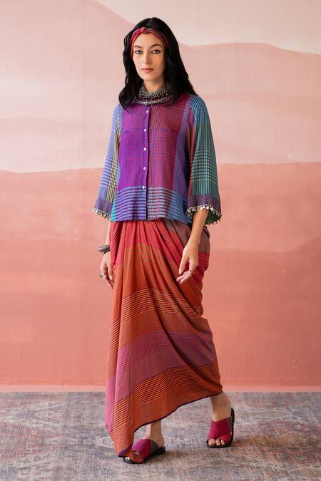 Shop_Swatti Kapoor_Multi Color , Handloom Beads Round Neck Ryan Checkered Woven Top _Online_at_Aza_Fashions