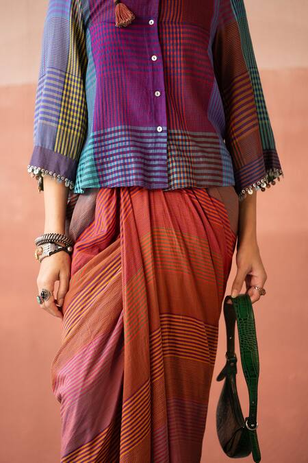 Swatti Kapoor_Multi Color , Handloom Beads Round Neck Ryan Checkered Woven Top _at_Aza_Fashions