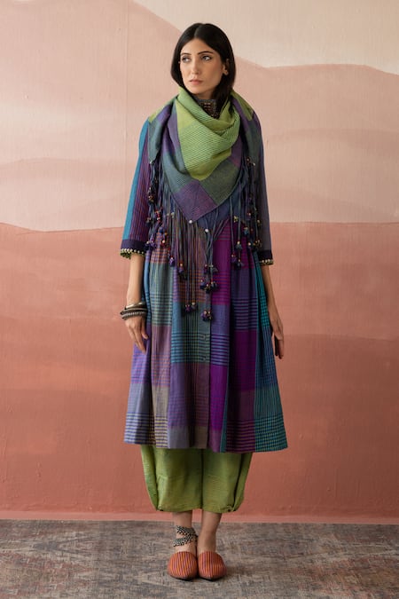 Swatti Kapoor Multi Color , Handloom Beads Round Neck Sabri Checkered Woven Kurta Online at Aza Fashions Swatti Kapoor_Multi Color , Handloom Beads Round Neck Sabri Checkered Woven Kurta _Online_at_Aza_Fashions
