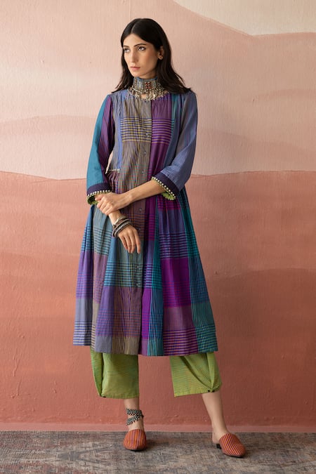 Shop Swatti Kapoor Multi Color , Handloom Beads Round Neck Sabri Checkered Woven Kurta Online at Aza Fashions Shop_Swatti Kapoor_Multi Color , Handloom Beads Round Neck Sabri Checkered Woven Kurta _Online_at_Aza_Fashions