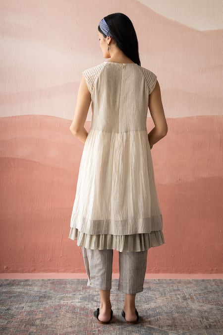 Swatti Kapoor_White Cotton, Chanderi Embroidery Round Neck Sadiki Pintuck Dress _Online_at_Aza_Fashions