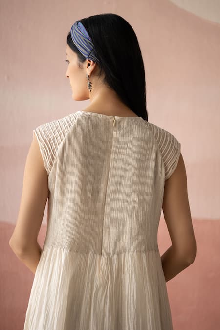 Buy_Swatti Kapoor_White Cotton, Chanderi Embroidery Round Neck Sadiki Pintuck Dress _Online_at_Aza_Fashions