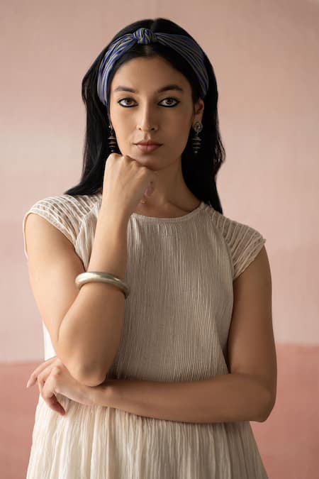 Shop_Swatti Kapoor_White Cotton, Chanderi Embroidery Round Neck Sadiki Pintuck Dress _Online_at_Aza_Fashions