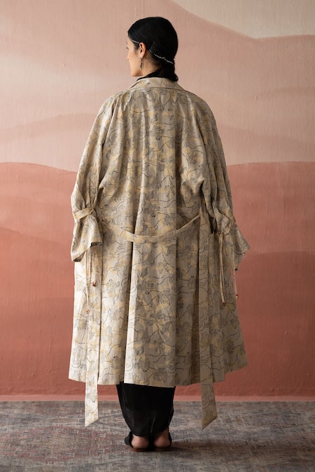 Swatti Kapoor_White Chanderi Tassels Shani Floral Hand Block Print Trench Coat _Online_at_Aza_Fashions
