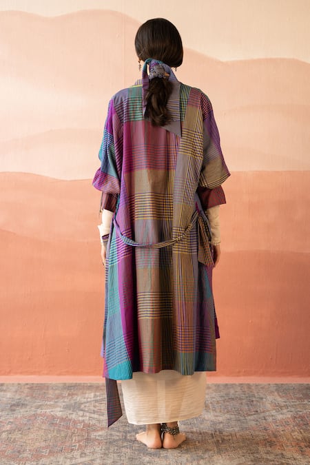 Swatti Kapoor Multi Color , Handloom Sudan Checkered Hand Block Print Trench Coat Online at Aza Fashions Swatti Kapoor_Multi Color , Handloom Sudan Checkered Hand Block Print Trench Coat _Online_at_Aza_Fashions