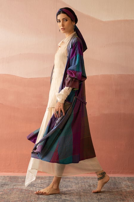 Shop Swatti Kapoor Multi Color , Handloom Sudan Checkered Hand Block Print Trench Coat Online at Aza Fashions Shop_Swatti Kapoor_Multi Color , Handloom Sudan Checkered Hand Block Print Trench Coat _Online_at_Aza_Fashions