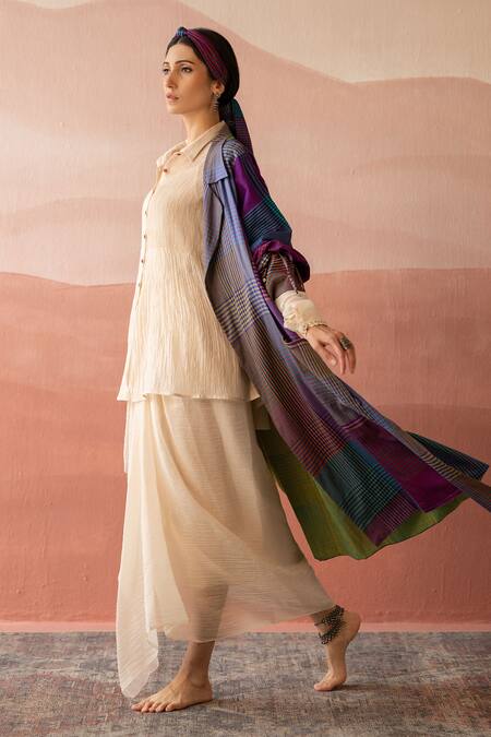 Swatti Kapoor Multi Color , Handloom Sudan Checkered Hand Block Print Trench Coat at Aza Fashions Swatti Kapoor_Multi Color , Handloom Sudan Checkered Hand Block Print Trench Coat _at_Aza_Fashions