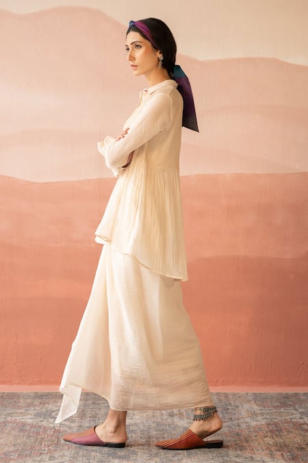 Buy_Swatti Kapoor_White Chanderi, Cotton Beads Collared Tanta Textured Shirt _Online_at_Aza_Fashions