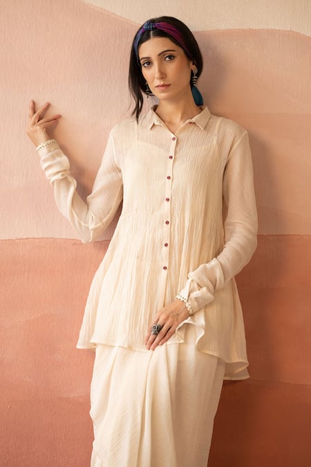 Shop_Swatti Kapoor_White Chanderi, Cotton Beads Collared Tanta Textured Shirt _Online_at_Aza_Fashions