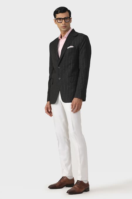 Raghavendra Rathore Jodhpur_Black Wool Elite Travelers Pinstriped Tuxedo Jacket _Online_at_Aza_Fashions