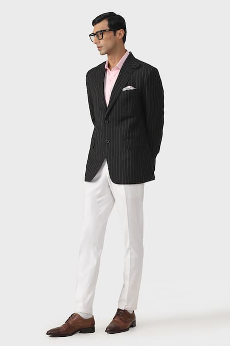 Shop_Raghavendra Rathore Jodhpur_Black Wool Elite Travelers Pinstriped Tuxedo Jacket _Online_at_Aza_Fashions