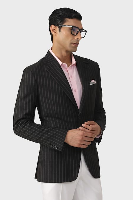 Raghavendra Rathore Jodhpur_Black Wool Elite Travelers Pinstriped Tuxedo Jacket _at_Aza_Fashions
